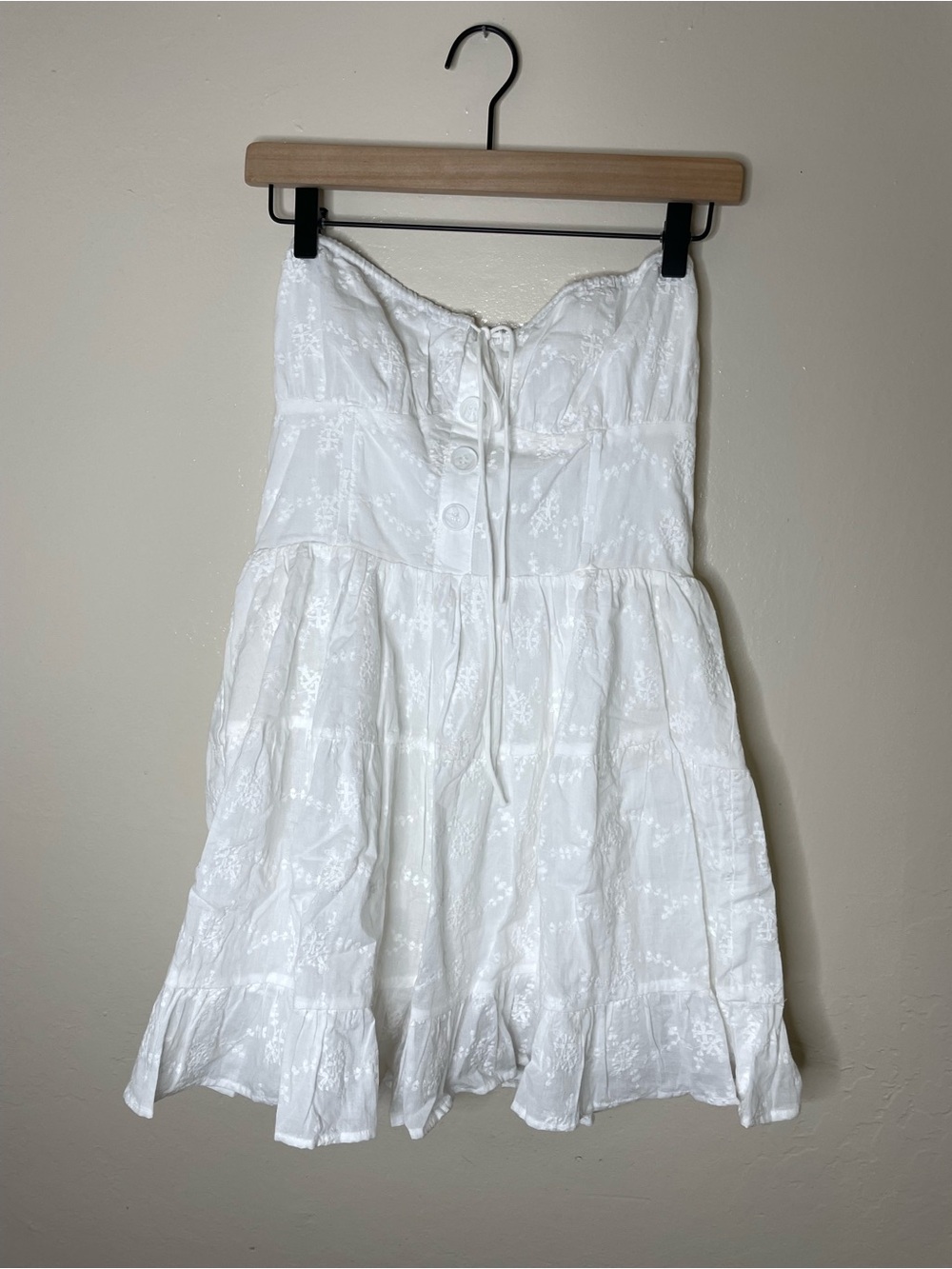 Sabo White Strapless Eyelet Tiered mini Dress